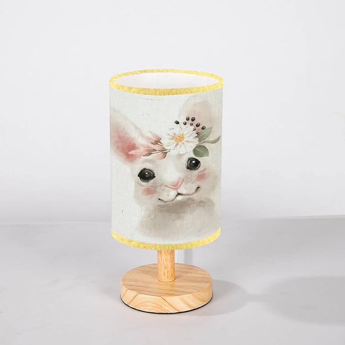 LOPYEIJFG Minimalist Bedside Table Lamp Cute Hand Drawn Bear in Floral Wreath Flowers Bouquet Woodland Wood Nightstand Lamp Bedside Desk Lamp Wood Base Flaxen Fabric Shade for Bedroom Living Room