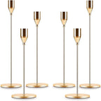 Gold Taper Candle Holder Set of 6, Brass Gold Tall Candlestick Holders, Metal Vintage Candle Stickers Long Holder Set, Pillar Decorative Candle Holder Fits 3/4 Inch Candle