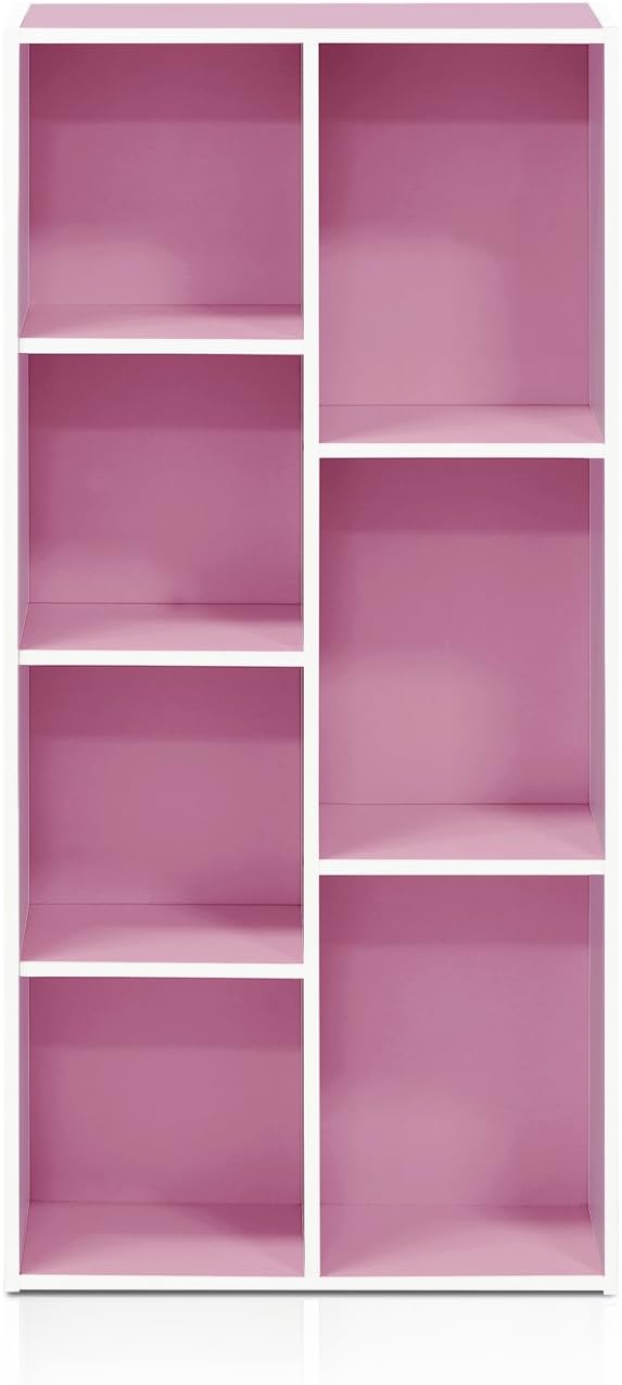 Furinno LUDER Book Shelf, 7-Cube Bookshelf, Bookcase, 9.4" x 19.5" x 41.7", for Living Room, Bedroom, Home Office, White/Pink