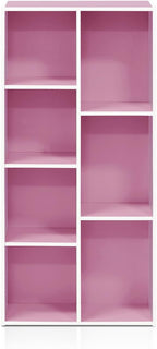 Furinno LUDER Book Shelf, 7-Cube Bookshelf, Bookcase, 9.4" x 19.5" x 41.7", for Living Room, Bedroom, Home Office, White/Pink