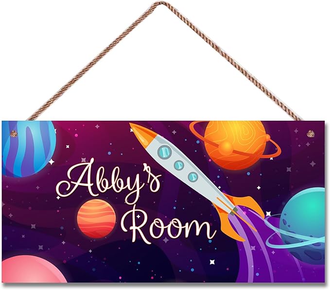 Personalized Sign Rocket Sign, Outer Space Theme Wall Decor Custom Name Door Plate for Kids Room Nursery Stars Galaxy Art Wall plaques For Boys Room Girls Bedroom