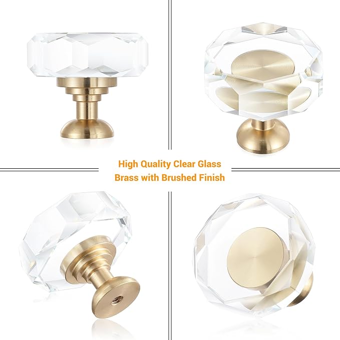2-Pack 1-1/4-Inch White Cabinet Glass Crystal Patterned knob Brass Drawer Dresser Pulls, Gold Hardware Kitchen Closet knobs for Bifold Doors