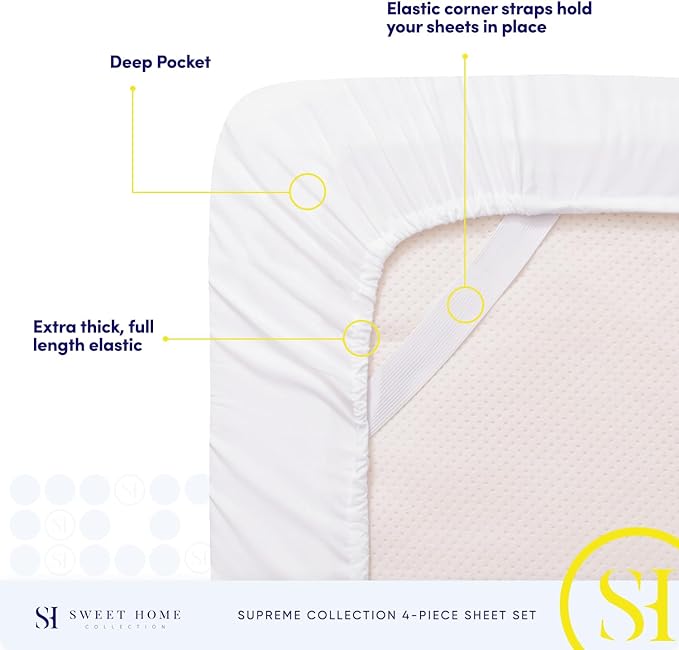 RV Queen Bed Sheets - Breathable Luxury Sheets with Full Elastic & Secure Corner Straps Built In - 1800 Supreme Collection Extra Soft Deep Pocket Bedding Set, Sheet Set, RV Short Queen, White