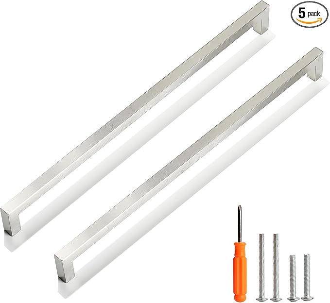 Cabinet Pulls Brushed Nickel Cabinet Handles Square Drawer Pulls, 5 Pack 13-4/5 Inch Stainless Steel Kitchen Door Cupboard Cabinet Handles, Cabinet Hardware Drawer Handles, 352mm Hole Centers