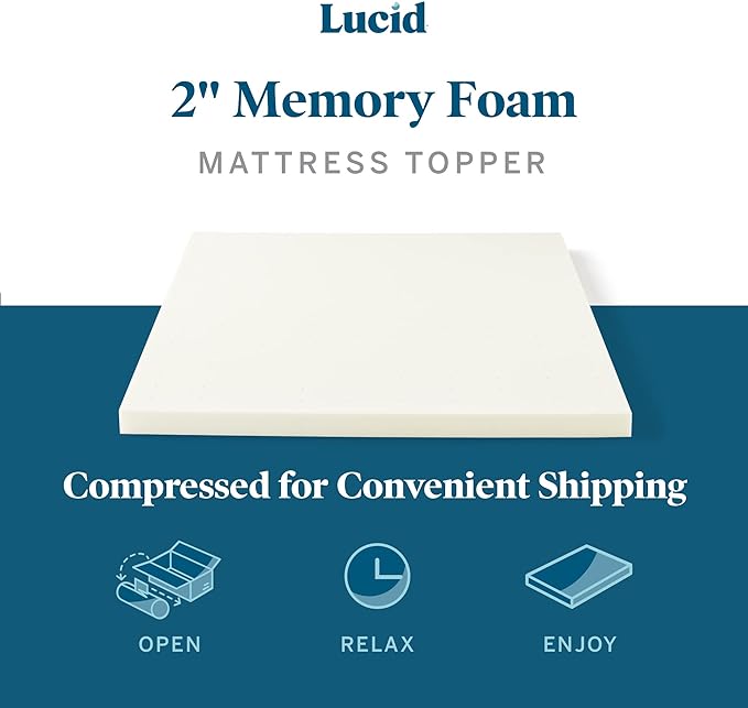 LUCID 2 Inch Traditional Foam Mattress Topper - Hypoallergenic - Ventilated - Conforming Support - Queen