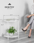 EKNITEY 2 Tier End Table - Metal Side Table Waterproof Small Sofa Coffee Side Tables Bedroom Indoor Outdoor with Removable Tray for Living Room Bedroom Balcony and Office (White)