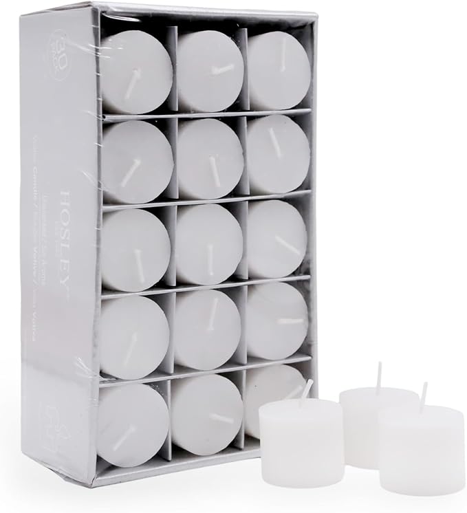 Hosley Set of 30 Unscented White Votive Candles – Bulk Pack, Clean-Burning, Long-Lasting 10-12 Hour Burn Time – Ideal for Weddings, Home Décor, Spa, and Events