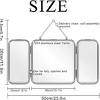 30 * 60cm Modern Tri-Fold Glass Mirror with Chain, Foldable Vanity Makeup Mirrors, Home Wall-Mounted Bathroom Mirror with Metal Frame for to See Back of Head