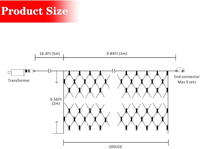 AWQ 200 LED 9.8ft x 6.6ft String Lights Net Mesh Christmas Lights 8 Modes for Christmas Wedding Party Home Garden Lawn Bushes Indoor Outdoor Decor (9.8ft x 6.6ft, Warm White)