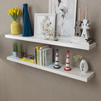 vidaXL Scandinavian-Modern MDF Floating Wall Display Shelves in White – Set of 2 Resistant Wall-Mounted DVD/Book Storage Shelves with Invisible Mounting System