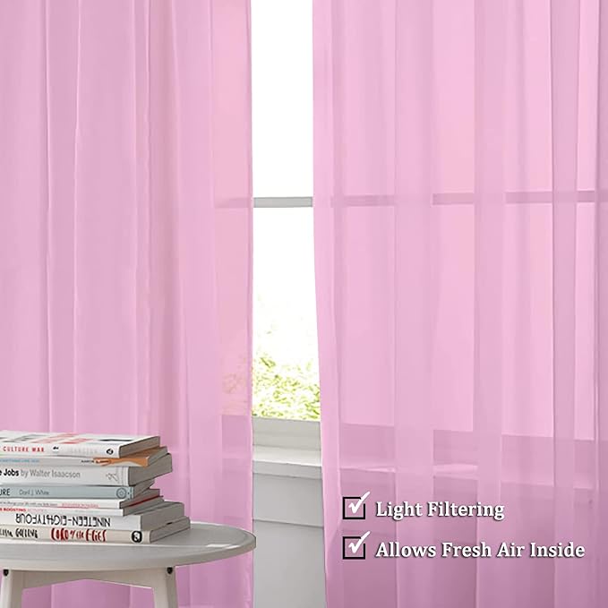 OWENIE Pink Sheer Curtains 96 Inch Length, Elegant Sheer Curtains for Bedroom, Window Voile Sheer Curtain Panels/Drapes/Treatment for Living Room, 2Pcs, Each 42" W x 96" L