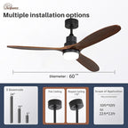 Sofucor 60 Inch Ceiling Fans with Lights, Walnut Solid Wood Ceiling Fan with Light Remote Control, Indoor/Outdoor Ceiling Fan with Reversible DC Motor, 3 Blade Fan Light for Bedroom Patio Farmhouse