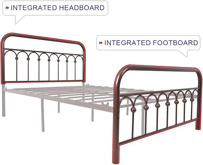TUSEER Metal Bed Frame Full Size with Vintage Headboard and Footboard Platform Base Wrought Iron Double Bed Frame (Antique Brown,Full).