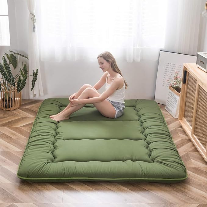 MAXYOYO Japanese Futon Mattress Twin Size Floor Mattress, Thicken Tatami Mat Sleeping Pad Roll Up Mattress Floor Bed Folding Couch Bed Mattress Pad for Guest Room, Green, Twin