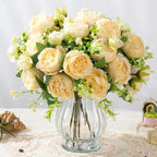 Artificial Peonies Silk Flowers in Glass Vase Faux Flowers Bouquets Modern Penoy Arrangement 4 Pack for Home Decoration Table Centerpiece (Champagne)