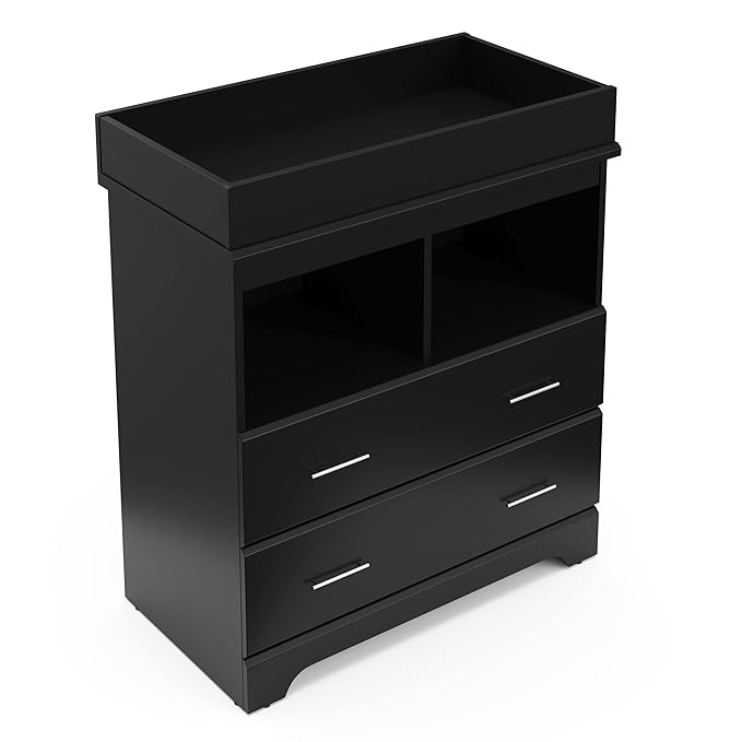 Storkcraft Brookside 2 Drawer Changing Table Dresser (Black) – GREENGUARD Gold Certified, Easy-to-Match Chest of Drawers and Cubbies for Nursery and Kids Bedroom, Includes Changing Table Topper