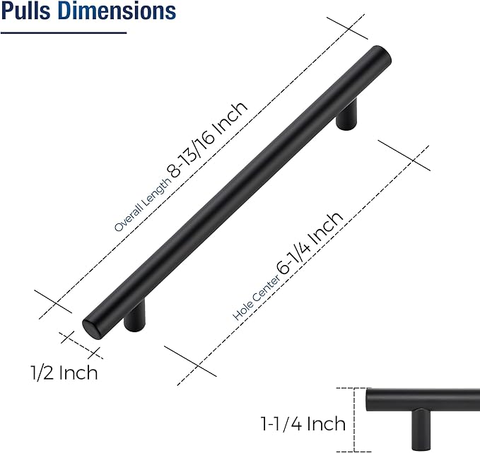 JOY DECOR 5 Pack Cabinet Handles, Black Cabinet Pulls, 6-1/4 in Hole Center Kitchen Hardware, Stainless Steel T Bar Handles for Dresser Drawers