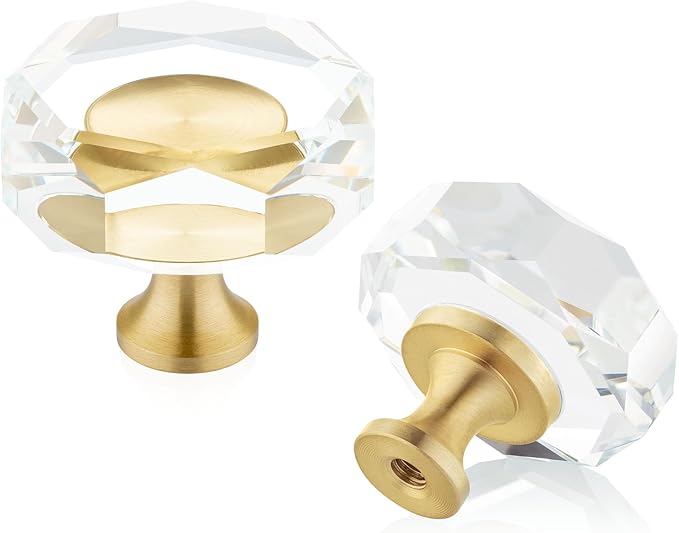 QOGRISUN 10-Pack Brass Crystal Cabinet Knobs,Glass Crystal Gold Drawer Knobs,1-1/4-Inch Polygon,Decorative Dresser Pulls, Modern Cabinet Hardware