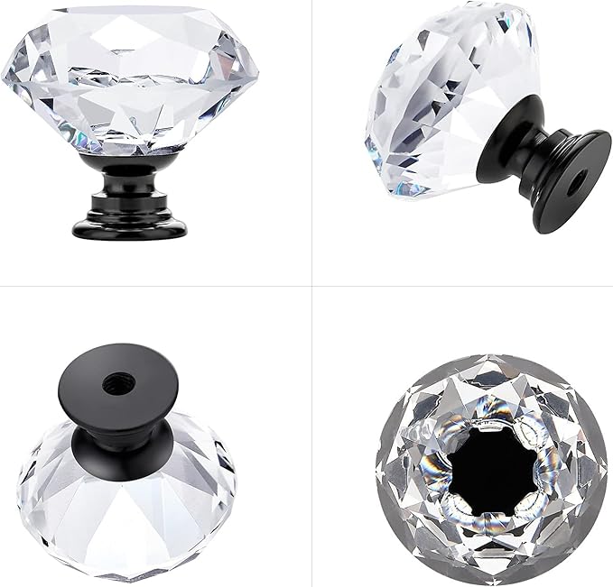 Ravinte 3 Pack Crystal Drawer Knobs - Glass Cabinet Knobs, Diamond Shaped, 30 mm with Black Base