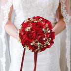 Wedding Bouquet Bride Flower Bridal Bouquets, Ribbon Artificial Rose Wedding Bouquets for Bride Bridesmaid Bouquet Dark Red Rose Bouquet Bride Bridesmaid Holding Flower for Wedding Decor
