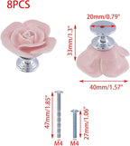 8PCS 1.57" × 1.3" Ceramics Light Pink Rose with Base Knobs Flower Shaped Pulls for Cupboard Drawer with 2 Kinds of Screws