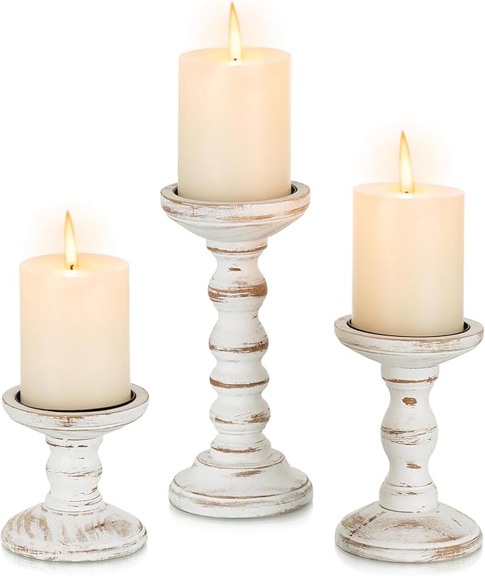 Romadedi Wood Candle Holders for Pillar Candles - Set of 3 Tall Farmhouse Wooden Candlestick Holder, Rustic Candle Stand for Fireplace Mantle Shelf Table Home Decor, Brown Whitewashed 3.9"/6"/ 8.3"