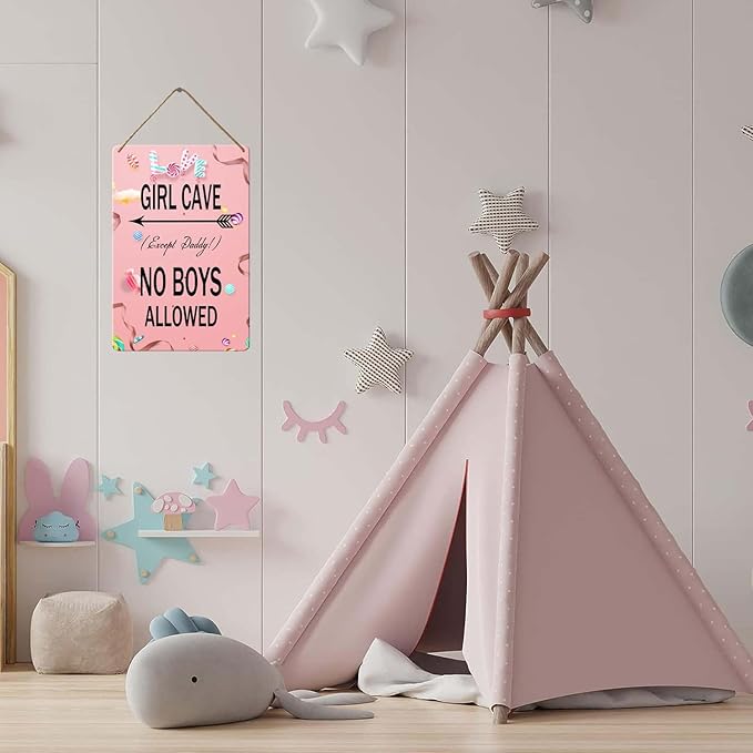 Wood Sign Girl Cave Sign, 8x12 Inch, Little Baby Girl Room Decor Bedroom Wall Decor