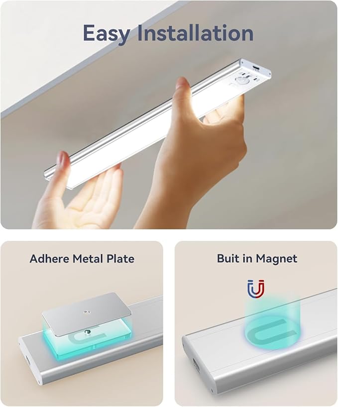 Under Cabinet Lighting, 3200mAh Rechargeable Motion Sensor Light Indoor, LED Battery Operated Cabinet Lights, Dimmable Closet Light, Wireless Under Counter Lights for Kitchen (2pack)