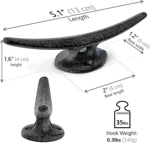 5 Pack Decorative Cast Iron Heavy Duty Double Hooks, Wall Mounted Coat Hooks, Vintage Inspired (Antique Black) (Mooring Type)