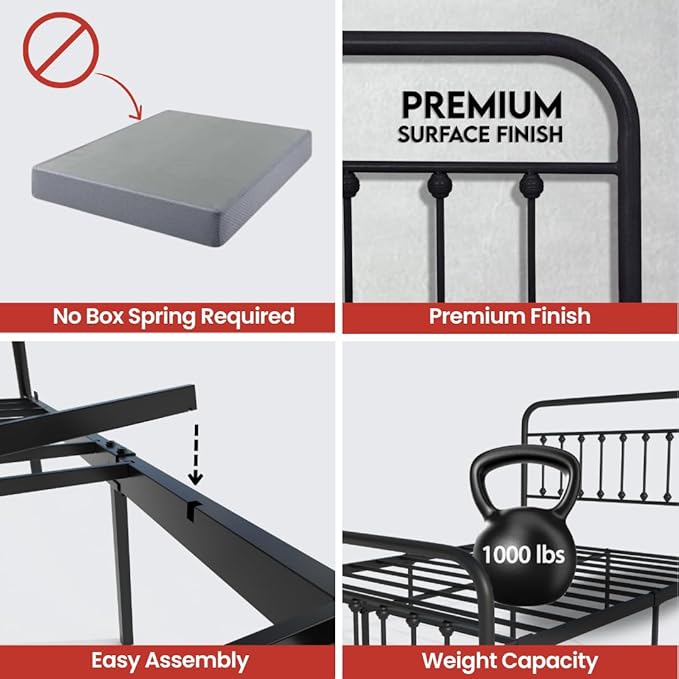 Golden Gate Beds Victorian Vintage Style Metal Bed Frame with Wrought Iron Headboard and Footboard, Classic Platform Bedframe with Storage, No Box Spring Needed, Mattress Foundation, Black, Full Size