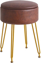 IBUYKE Faux Leather Round Footrest Stool with Storage Ottoman, Makeup Vanity Chair Side Table, PU Dressing Table Seat, Removable Cover, Golden Steel Legs, Dark Brown WBD024Z