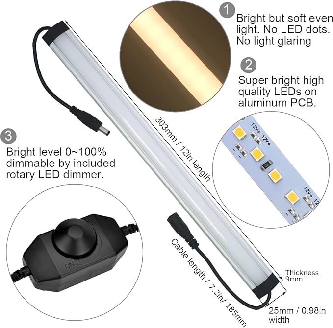 Under Cabinet LED Lighting Kit Plug in or Hardwired, 6 pcs 12 Inches Light Strips, 2000 Lumen, Super Bright, for Kitchen Counter, Closet, Shelf Lights, 31W, Warm White (6 Bars)