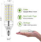 E12 LED Corn Light Bulbs, 12W Equivalent 100W, 1200 Lumen 6000K Cool Daylight White, Non-Dimmable Candelabra Base Chandelier Lights, Pack of 3