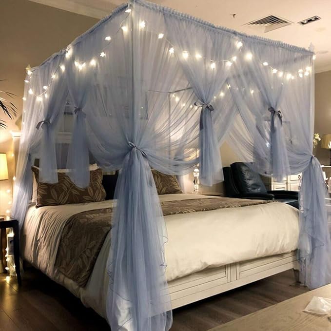 Joyreap 4 Corners Post Canopy Bed Curtain for Girls & Adults - Royal Luxurious Cozy Drape Netting - Cute Princess Bedroom Decoration Accessories (Gray-Blue, King)