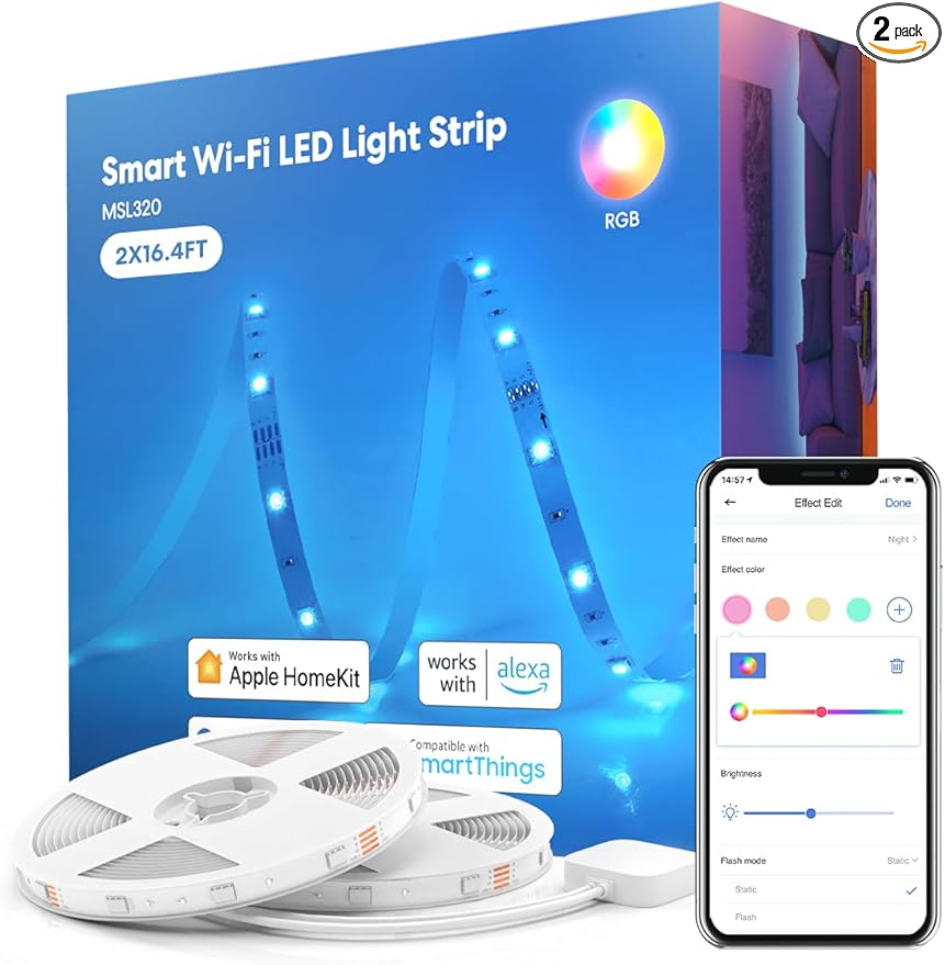 meross Smart LED Strip Lights, 32.8ft WiFi RGB Strip, Works with Apple HomeKit, Siri, Alexa&Google and SmartThings, App Control, Color Changing Lights Strip for Room, Party, Festivals, UL Listed