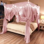 Joyreap 4 Corners Post Pink Canopy Bed Curtain for Girls & Adults - Twin Size Royal Luxurious Cozy Drape Netting- Cute Princess Bedroom Decoration Accessories