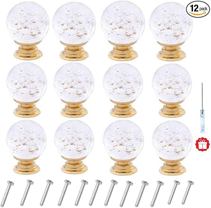 12pcs 30mm Cabinet Knobs with Screws Round Bubble Glass Vanity Knob Pulls for Kitchen Vanity Door, Bathroom, Cabinet, Office (Gold B Clear)