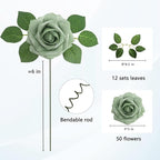 JOYLEX 50PCS Elf Green Artificial Flowers Realistic Roses, Real Looking Fake Roses with Stem for DIY Wedding Bouquets Centerpieces Bridal Shower Party Home Romantic Decorations (Elf Green, 50pcs)