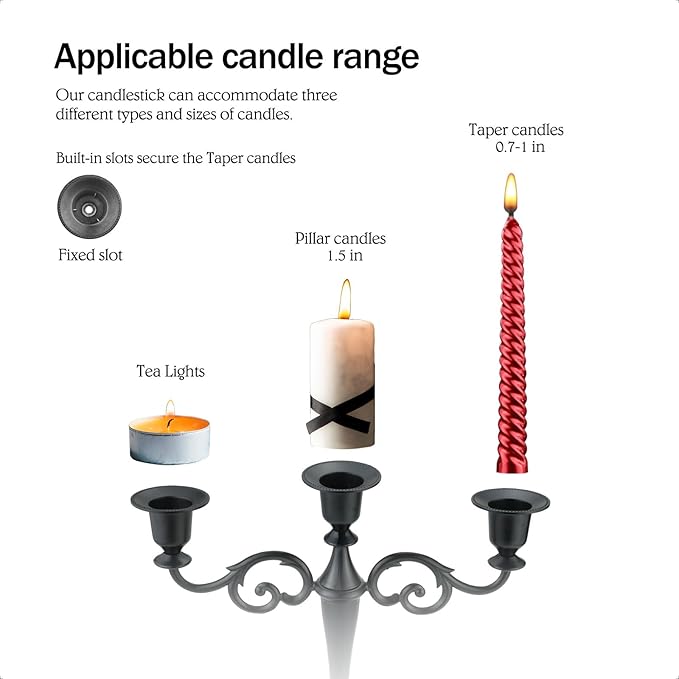 Silver Candle Holder，5 Arms Metal Candle Holders for Taper Candles（10.6 inch Tall Candelabra, for 1/2-1 inch Pillar Candles Diameter Each）,Candlestick Holders Centerpiece Decoration
