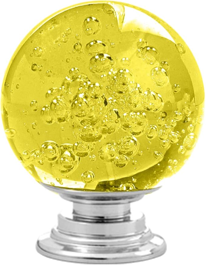 12 Pcs 30mm Round Shape Bubble Crystal Glass Cabinet Knobs with Screws Drawer Knob Pull Handle Used for Kitchen, Dresser, Door, Cupboard (Yellow)