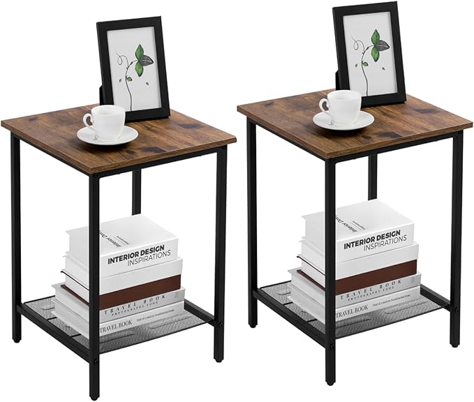 VASAGLE End Table Set of 2, 2-Tier Nightstands Side Table Night Stand Bedside Desk for Small Space in Living Room, Bedroom, Steel Frame, Easy Assembly, 2-Pack, Chestnut Brown, ULET202B17