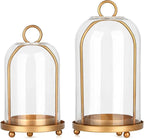Vintage Brass Metal Candle Lantern with Thick Glass Dome – Set of 2 Shabby Chic Style Candle Holders (5.25"x10" & 4.5"x7.87") – Hanging or Tabletop Decor for Pillar Candles, Plants