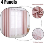 BONZER Mix and Match Curtains - 2 Pieces Branch Print Sheer Curtains and 2 Pieces Blackout Curtains for Bedroom Living Room Grommet Window Drapes, 54x63 Inch/Panel, Blush, Set of 4 Panels