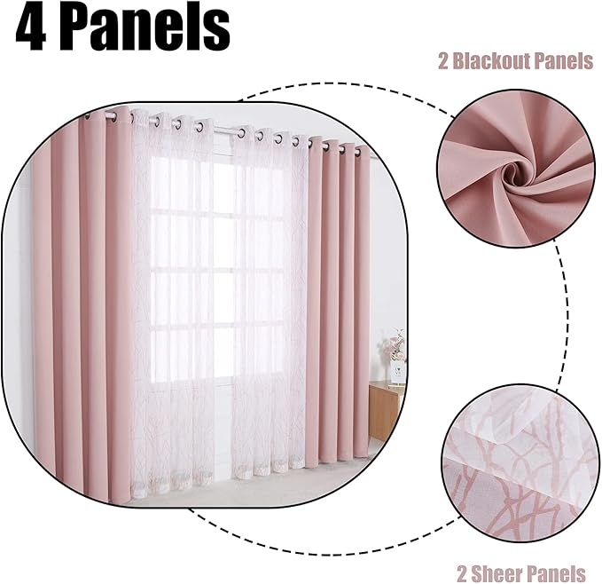 BONZER Mix and Match Curtains - 2 Pieces Branch Print Sheer Curtains and 2 Pieces Blackout Curtains for Bedroom Living Room Grommet Window Drapes, 54x63 Inch/Panel, Blush, Set of 4 Panels