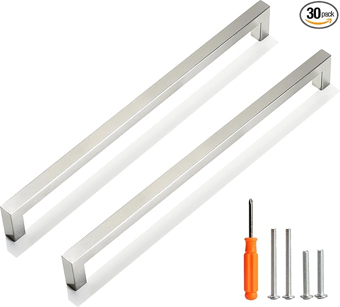 Cabinet Pulls Brushed Nickel Cabinet Handles Square Drawer Pulls, 30 Pack 12-3/5 Inch Stainless Steel Kitchen Door Cupboard Handles, Cabinet Hardware Drawer Handles, 320mm Hole Centers