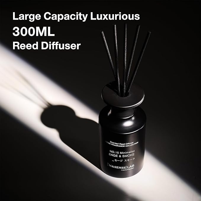 M&SENSE Minimalist Large Reed Diffuser 300ml, Sage & Smoke Scented with Natural Essential Oils, Long Lasting with 7 Sticks, Non-Toxic Home Fragrance for Bedroom, Bathroom Decor