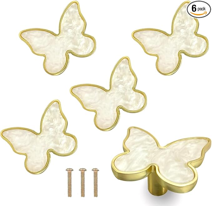 6 pcs Butterfly Shape Knobs Handle Gold Cabinet Knobs Decoration Door Handle Single Hole Handles Cabinet Drawer Dresser Kitchen Wardrobe Furniture Hardware Pulls (White)