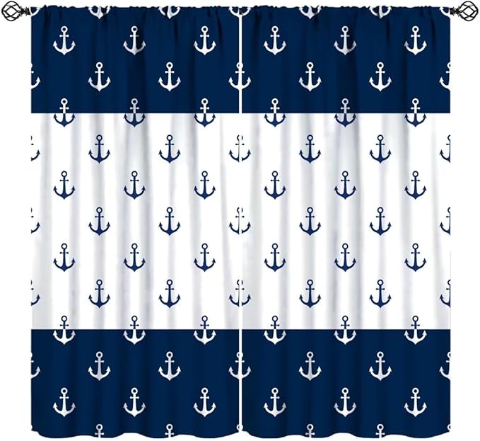 Anchor Pattern Curtains, Nautical Theme Navy Blue White Anchor Sea Life Adventure Print Blackout Window Treatments for Living Room Boys Men's Bedroom 52x84in