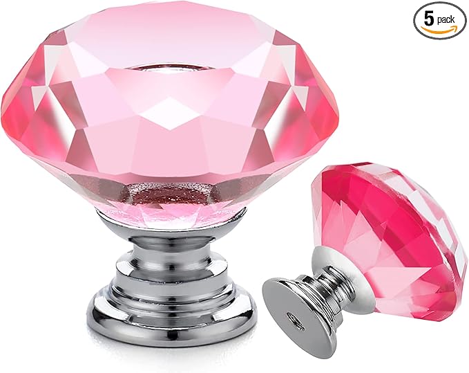 Ravinte 5 Pack Pink Crystal Knobs for Dresser Drawers Glass Cabinet Knobs Diamond Shaped Drawer Knobs - 30 mm Knobs with Silver Base