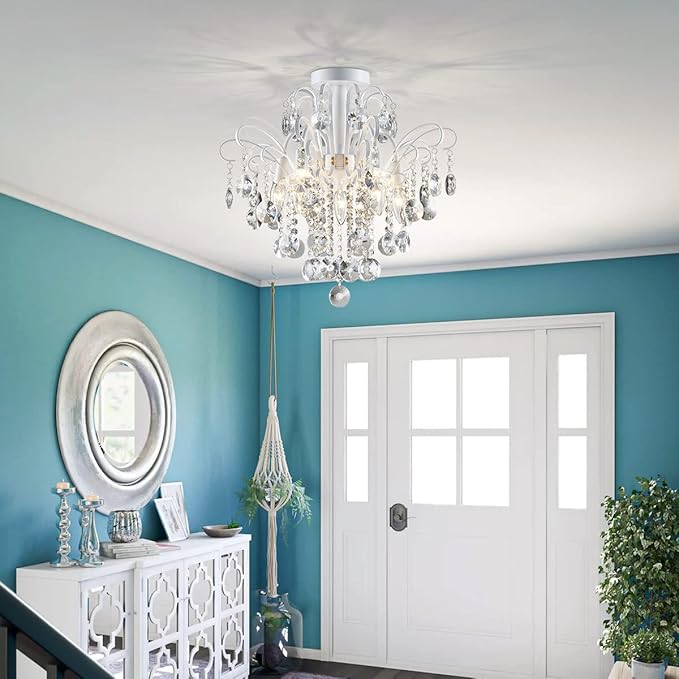 WUZUPS Crystal Chandelier Flushmount Ceiling Light Modern Lighting Fixture for Bedroom Hallway Bar Kitchen Bathroom, H 17.5'' x W 19.3'', E12 Base, White